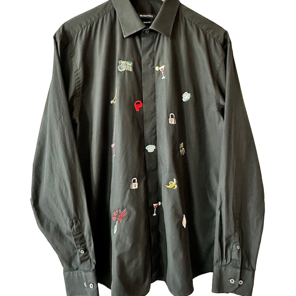 Bugatchi Uomo Embroidered Icons Novelty Button Down Shirt Black Cotton L